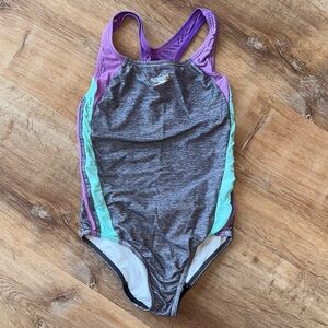 Speedo Heather Gray One-Piece Swimsuit with Purple & Mint Accents